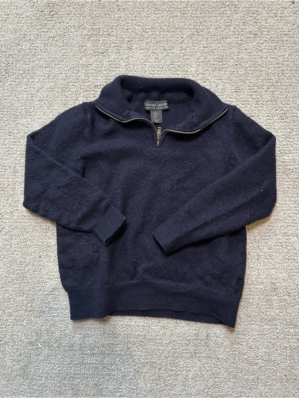 Christian Lacroix Sweater Kids Sz L 1/4 Zip Pullover Extra Fine Merino Wool Blue